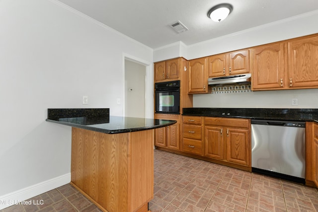 kitchen with stainless steel dishwasher, visible vents, brick patterned floor, oven, and under cabinet range hood