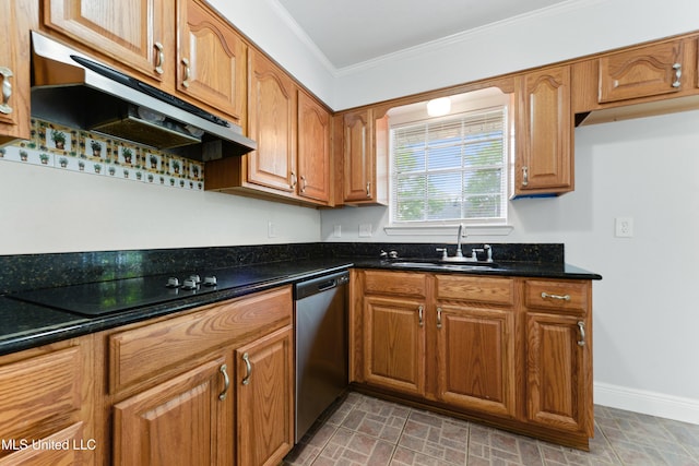 kitchen with crown molding, a sink, black electric cooktop, stainless steel dishwasher, and under cabinet range hood