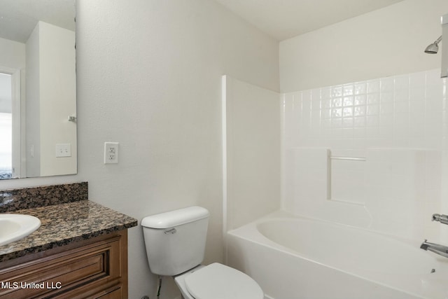 full bathroom with toilet, vanity, and bathing tub / shower combination