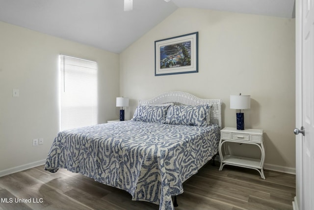 bedroom featuring ceiling fan, baseboards, wood finished floors, and vaulted ceiling