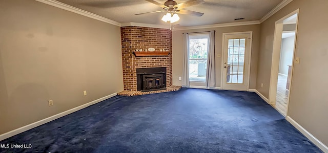 unfurnished living room with ceiling fan, dark carpet, a textured ceiling, and ornamental molding