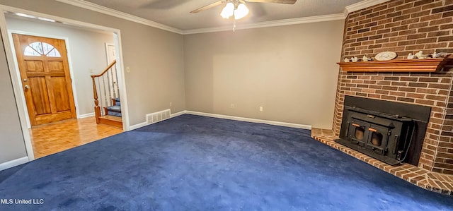 unfurnished living room featuring crown molding, parquet floors, a textured ceiling, and ceiling fan