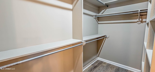 walk in closet with dark wood-type flooring