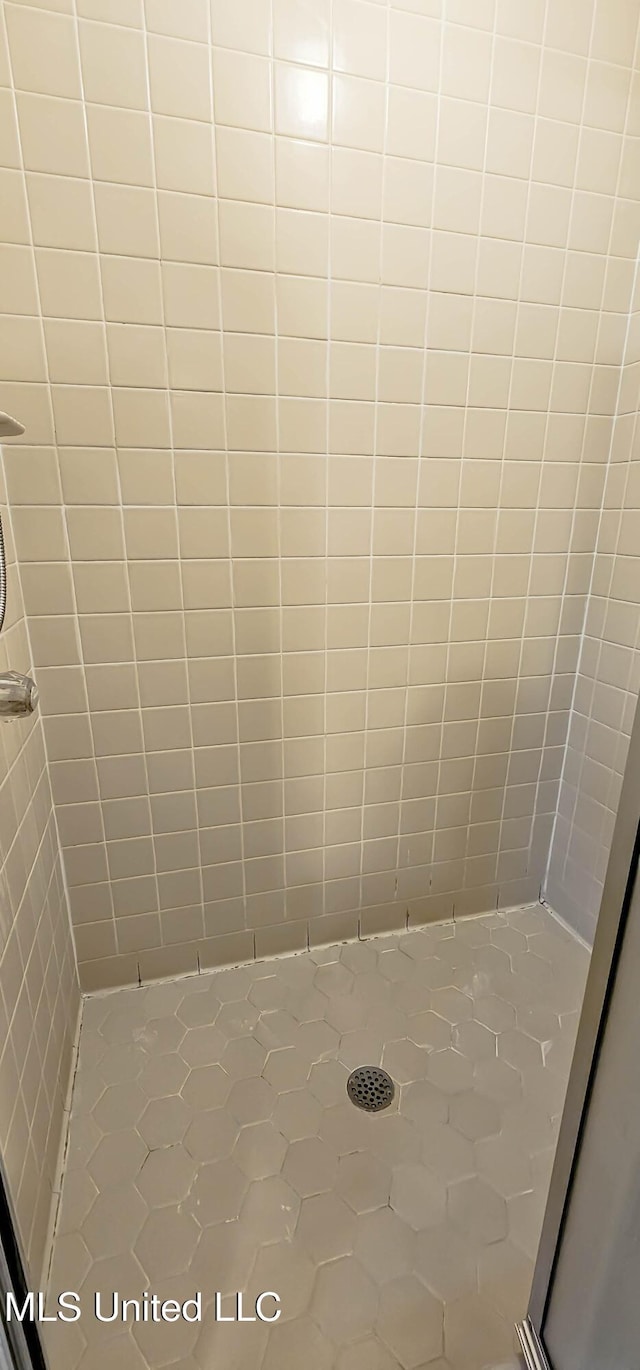 bathroom featuring tiled shower and tile patterned floors