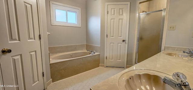 bathroom featuring vanity, tile patterned floors, and independent shower and bath