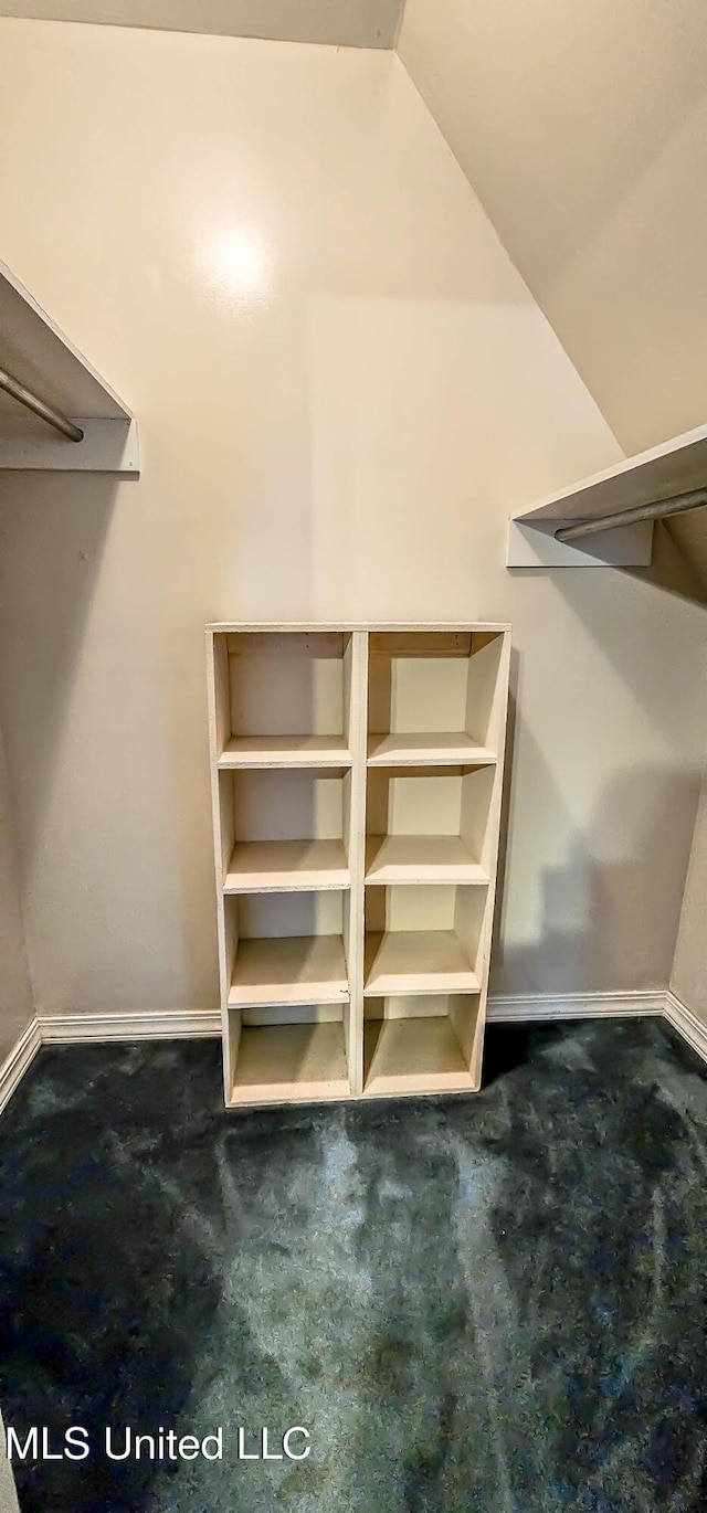 walk in closet with lofted ceiling and dark colored carpet