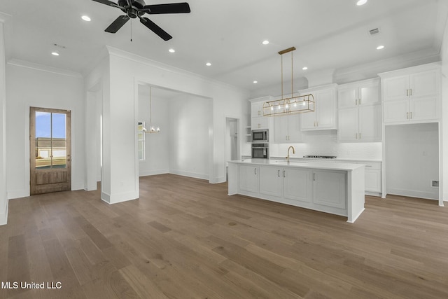 kitchen with white cabinetry, sink, light hardwood / wood-style flooring, an island with sink, and pendant lighting