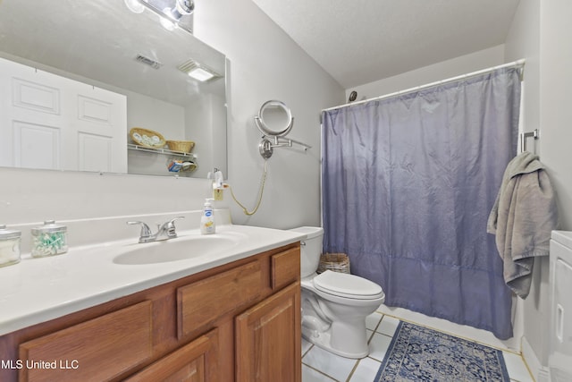 11334 Texas St, Bay Saint Louis, MS 39520 - bathroom featuring vanity, toilet, tile patterned flooring, curtained shower, and vaulted ceiling