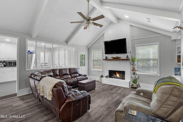 living area featuring a ceiling fan, a fireplace, wood finished floors, plenty of natural light, and a textured ceiling