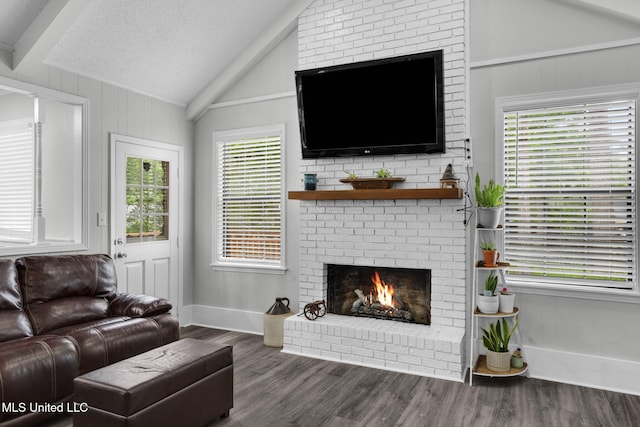 living room with wood finished floors, a brick fireplace, and healthy amount of natural light