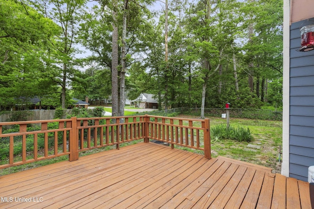wooden terrace featuring a fenced backyard and view of wooded area