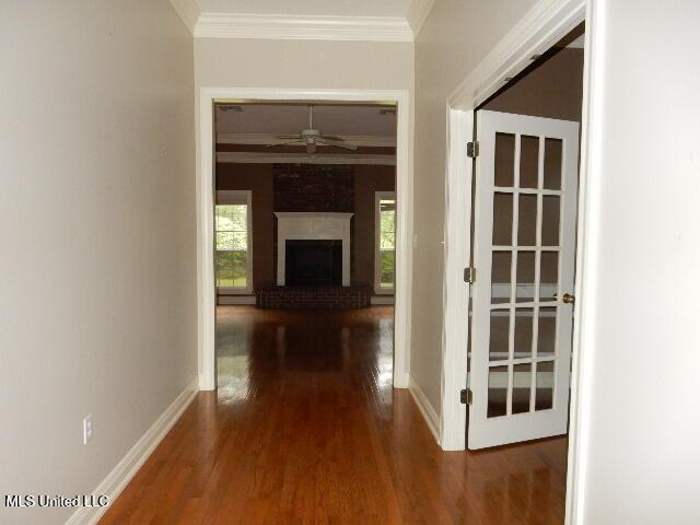 8 Auburn Ln, Hattiesburg, MS 39401 - corridor with wood finished floors, ornamental molding, and baseboards