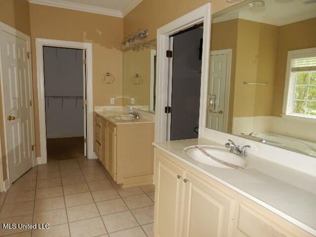 8 Auburn Ln, Hattiesburg, MS 39401 - bathroom with crown molding, tile patterned flooring, and two vanities