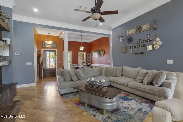 408 Abbey Woods, Brandon, MS 39047 - living room with ceiling fan, wood finished floors, ornate columns, crown molding, and baseboards