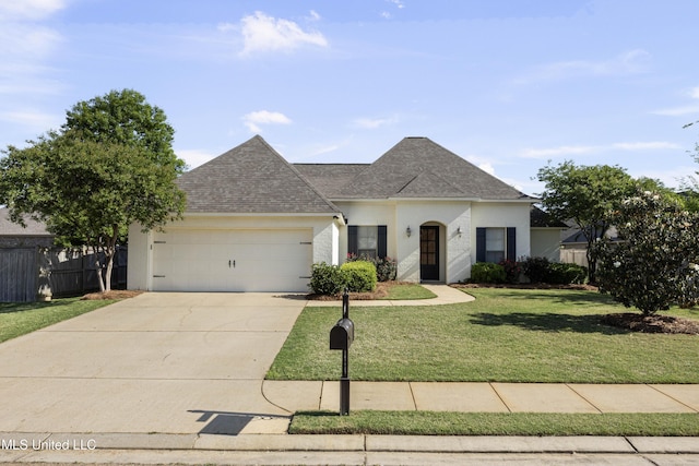 view of front of house featuring a garage, a front lawn, roof with shingles, and concrete driveway