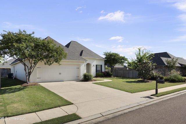 view of front of house featuring fence, roof with shingles, a front lawn, a garage, and concrete driveway
