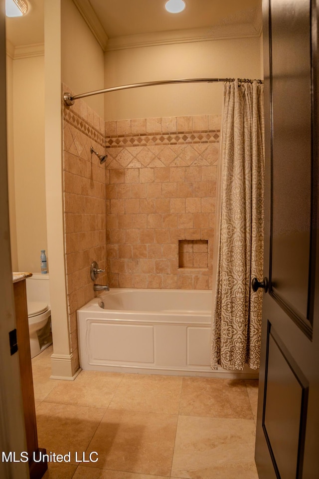 full bathroom featuring toilet, shower / bath combo, ornamental molding, and tile patterned floors