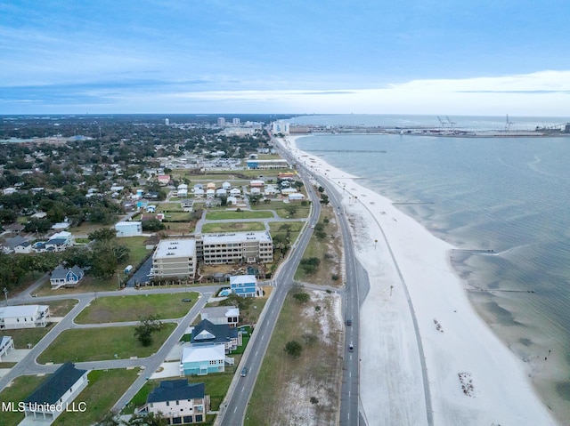 aerial view with a view of the beach and a water view