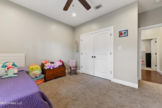 3112 Eagle Ridge Rd, Vancleave, MS 39565 - bedroom with carpet, a ceiling fan, a closet, and recessed lighting