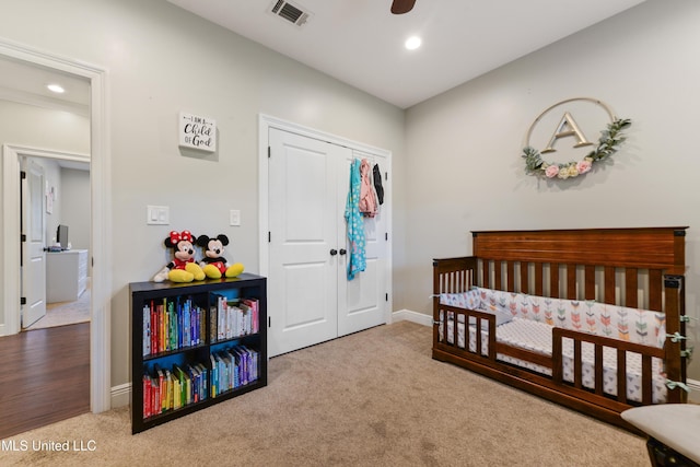 3112 Eagle Ridge Rd, Vancleave, MS 39565 - carpeted bedroom featuring a closet, a nursery area, recessed lighting, and ceiling fan