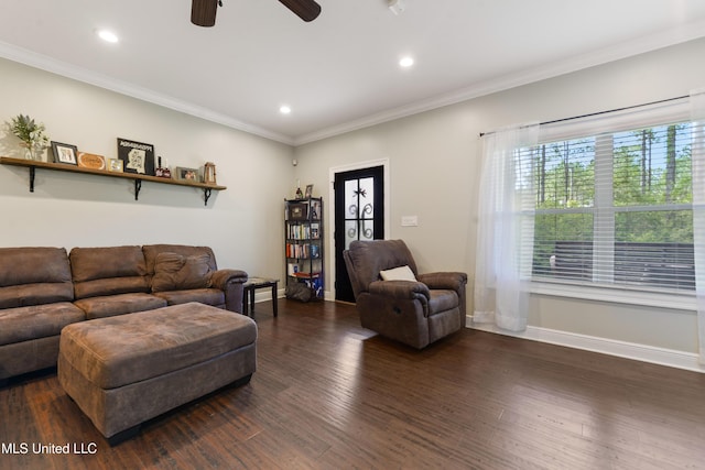 3112 Eagle Ridge Rd, Vancleave, MS 39565 - living room featuring a ceiling fan, dark wood-style flooring, crown molding, and recessed lighting