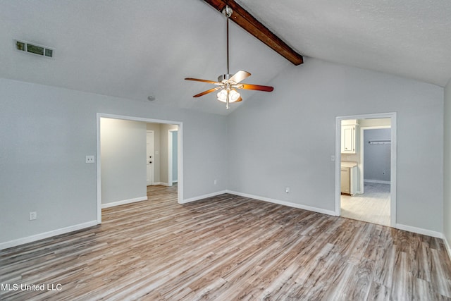 118 Bellegrove Blvd, Brandon, MS 39047 - interior space featuring ceiling fan, baseboards, vaulted ceiling with beams, wood finished floors, and visible vents