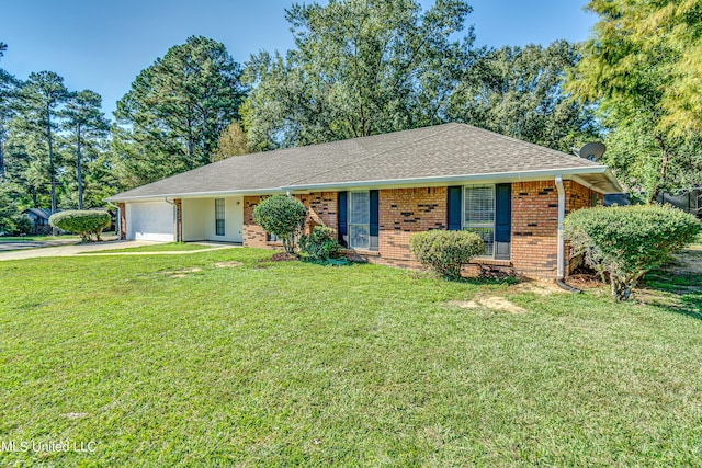 118 Bellegrove Blvd, Brandon, MS 39047 - ranch-style home with roof with shingles, brick siding, a garage, a front yard, and concrete driveway