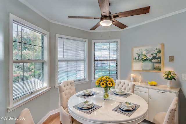 118 Bellegrove Blvd, Brandon, MS 39047 - dining room with baseboards, plenty of natural light, ornamental molding, and a ceiling fan