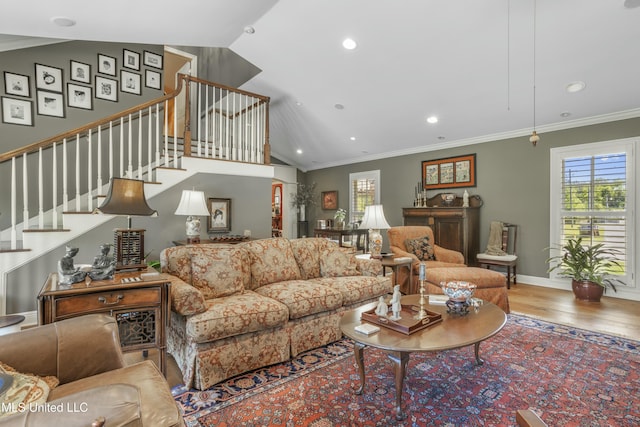 2629 Park View Dr, Biloxi, MS 39531 - living area with stairs, wood finished floors, recessed lighting, crown molding, and baseboards