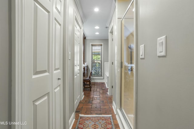 2629 Park View Dr, Biloxi, MS 39531 - hall featuring ornamental molding, brick flooring, recessed lighting, and baseboards