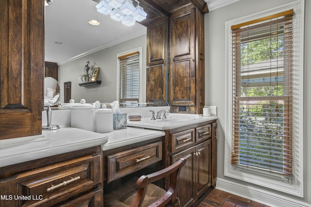 2629 Park View Dr, Biloxi, MS 39531 - bathroom with brick flooring, ornamental molding, vanity, and recessed lighting