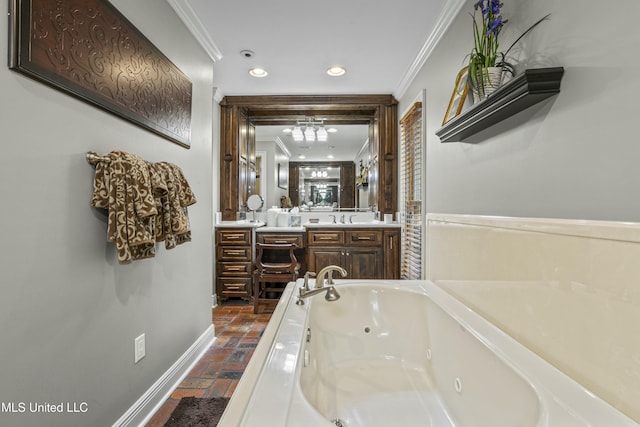 2629 Park View Dr, Biloxi, MS 39531 - full bathroom featuring crown molding, recessed lighting, a tub with jets, vanity, and baseboards