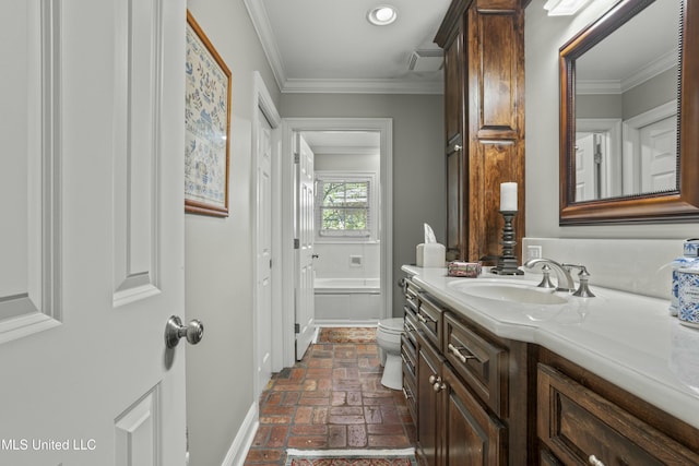 2629 Park View Dr, Biloxi, MS 39531 - full bath featuring brick floors, vanity, a garden tub, toilet, and ornamental molding