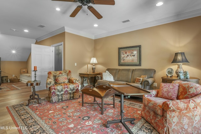 2629 Park View Dr, Biloxi, MS 39531 - living area with ceiling fan, ornamental molding, wood finished floors, and recessed lighting