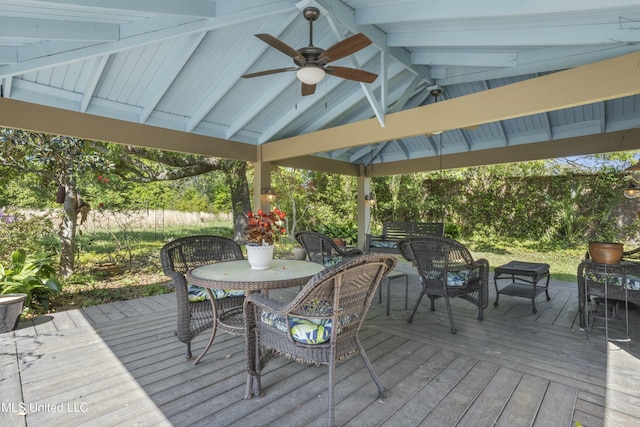 2629 Park View Dr, Biloxi, MS 39531 - wooden terrace with a ceiling fan, a gazebo, outdoor dining space, and an outdoor living space