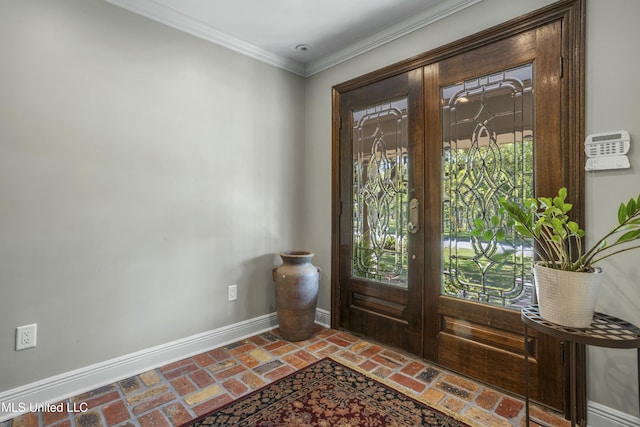 2629 Park View Dr, Biloxi, MS 39531 - entrance foyer with baseboards, brick flooring, french doors, and crown molding