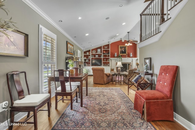 2629 Park View Dr, Biloxi, MS 39531 - home office featuring a ceiling fan, wood finished floors, recessed lighting, a fireplace, and ornamental molding