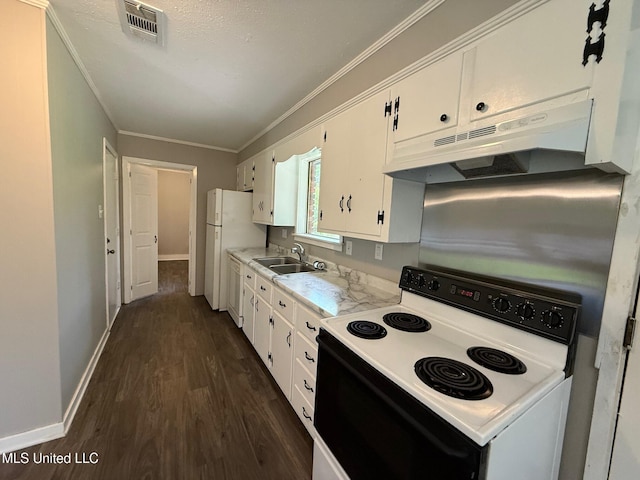 448 Ruston St, Pearl, MS 39208 - kitchen featuring electric range, under cabinet range hood, white cabinetry, dark wood finished floors, and light countertops