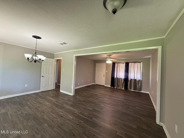 448 Ruston St, Pearl, MS 39208 - empty room with a chandelier, dark wood-style flooring, a textured ceiling, ceiling fan, and ornamental molding