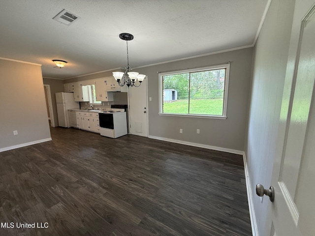 448 Ruston St, Pearl, MS 39208 - kitchen featuring white appliances, crown molding, a chandelier, white cabinetry, and dark wood-style floors