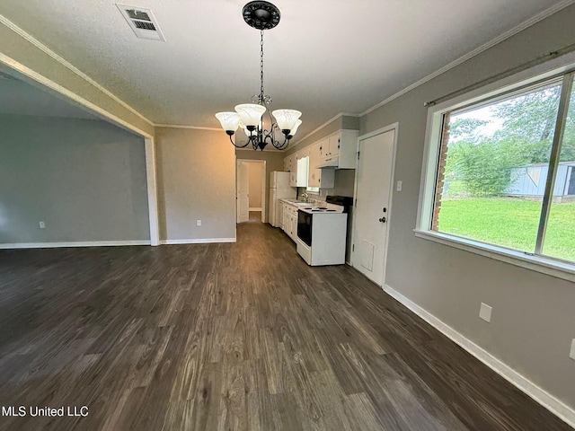 448 Ruston St, Pearl, MS 39208 - kitchen featuring white appliances, a chandelier, white cabinets, dark wood finished floors, and healthy amount of natural light