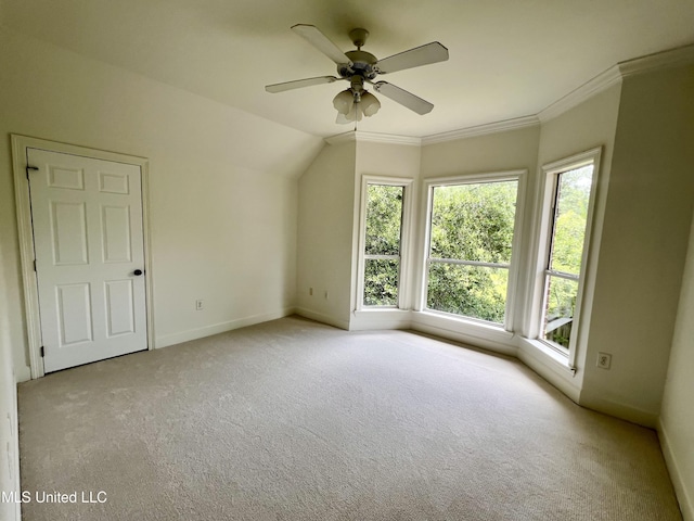 additional living space with carpet, ceiling fan, baseboards, and vaulted ceiling