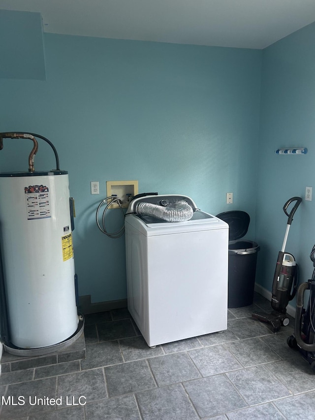 laundry room with water heater, washer / clothes dryer, laundry area, and baseboards