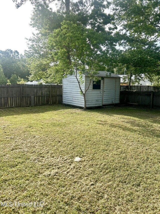 view of yard with an outbuilding, a storage unit, and a fenced backyard