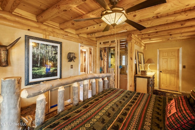 bedroom with wood ceiling and beam ceiling