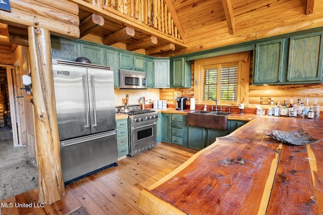 kitchen with high quality appliances, butcher block counters, green cabinets, wooden ceiling, and light hardwood / wood-style flooring