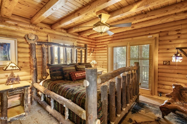 bedroom featuring beam ceiling, wood-type flooring, wooden ceiling, and rustic walls