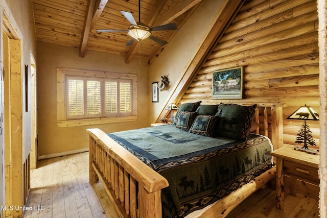bedroom with wood ceiling, log walls, lofted ceiling with beams, and light hardwood / wood-style flooring