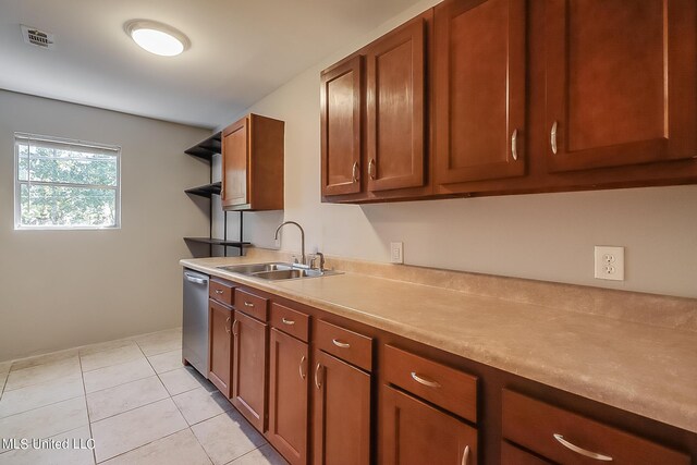 6533 Shawnee St, Kiln, MS 39556 - kitchen featuring brown cabinetry, open shelves, light countertops, a sink, and dishwasher