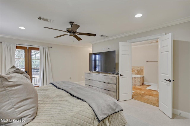 bedroom with crown molding, ceiling fan, and french doors